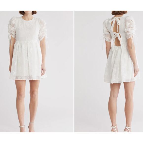 Lush White Floral Embroidery Puffy Sleeve Open Back Fit & Flare Mini Dress Small - Picture 1 of 11